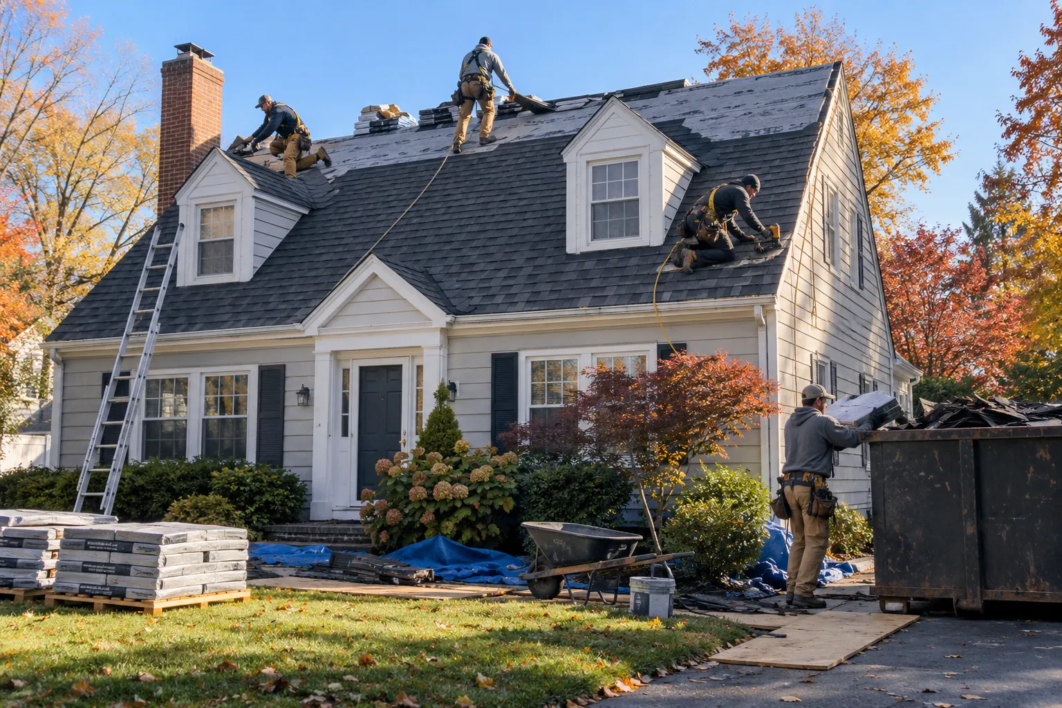 A new asphalt shingle roof on a Quogue home with a local roofing crew finishing the ridge